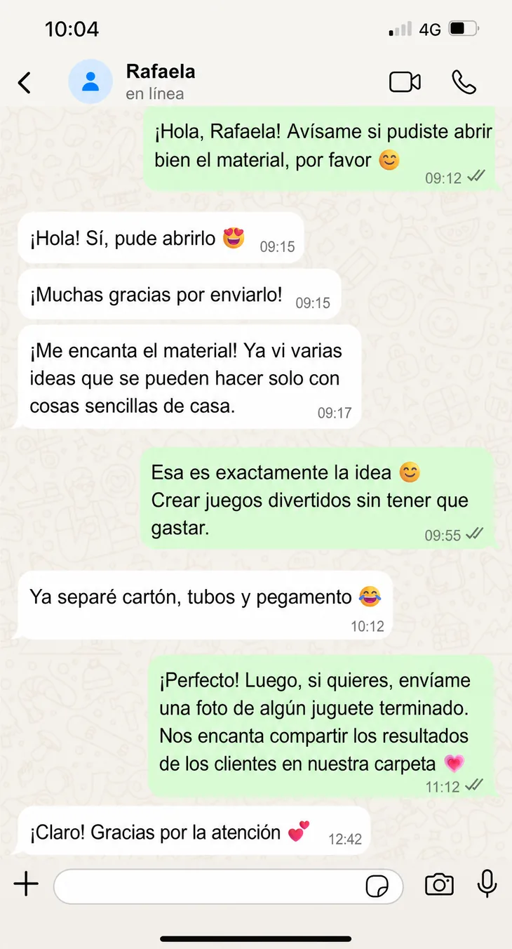 Captura de conversación de cliente 2 sobre el material de Pequeños Genios