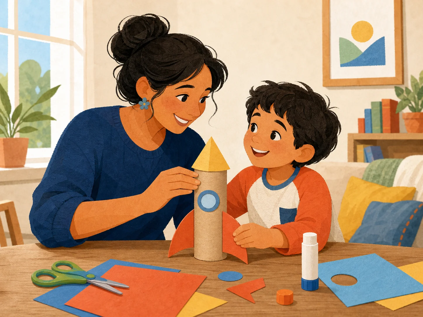 Madre e hijo sonríen mientras construyen juntos un cohete sencillo con un tubo de cartón